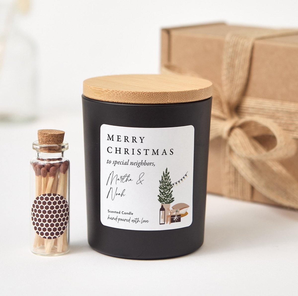 Merry Christmas Candle for Special Neighbors, Personalized Holiday Housewarming Gift with Rustic Box and Matches