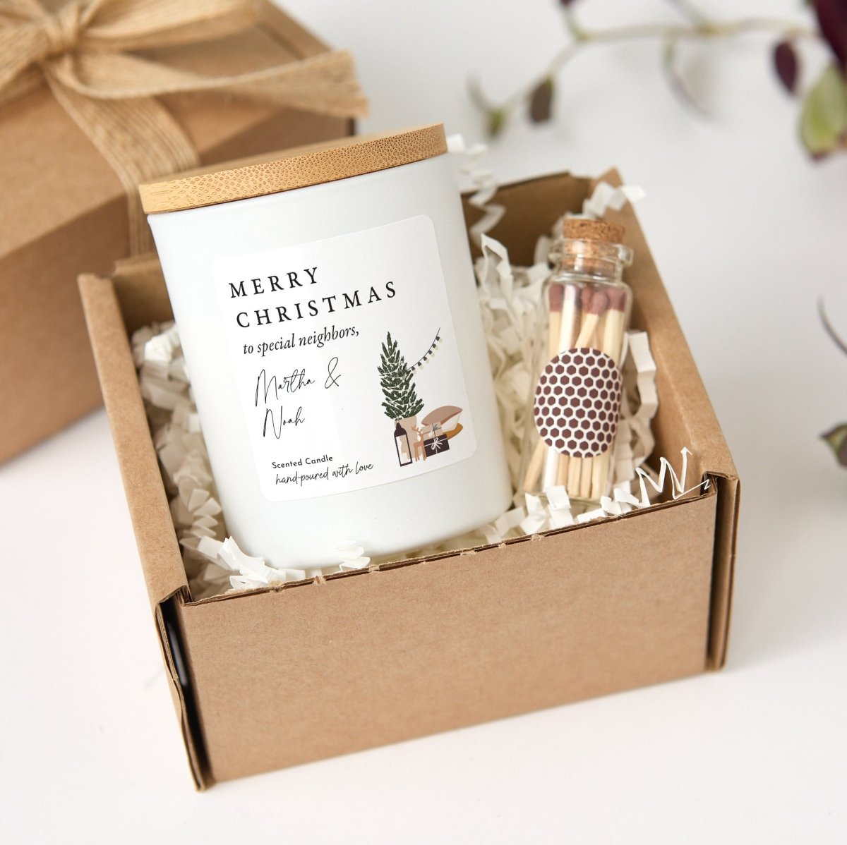 Merry Christmas Candle for Special Neighbors, Personalized Holiday Housewarming Gift with Rustic Box and Matches