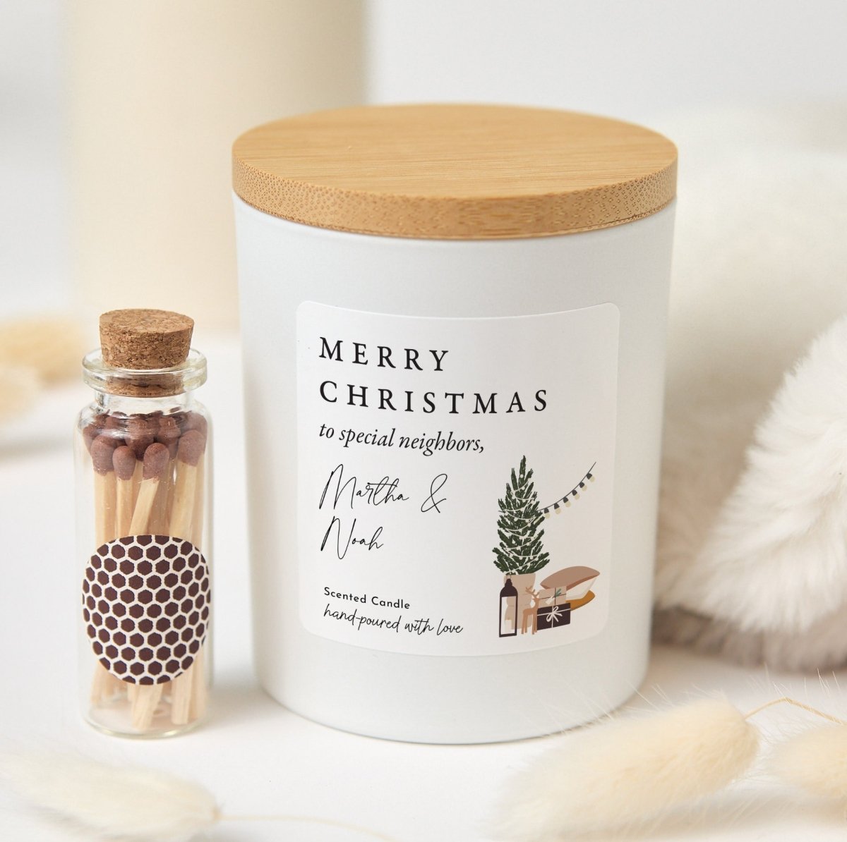 Merry Christmas Candle for Special Neighbors, Personalized Holiday Housewarming Gift with Rustic Box and Matches
