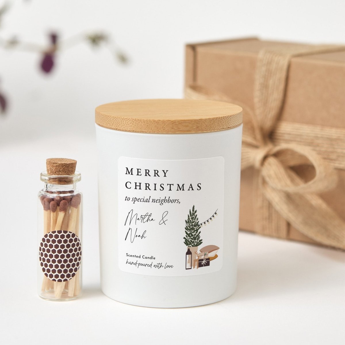 Merry Christmas Candle for Special Neighbors, Personalized Holiday Housewarming Gift with Rustic Box and Matches