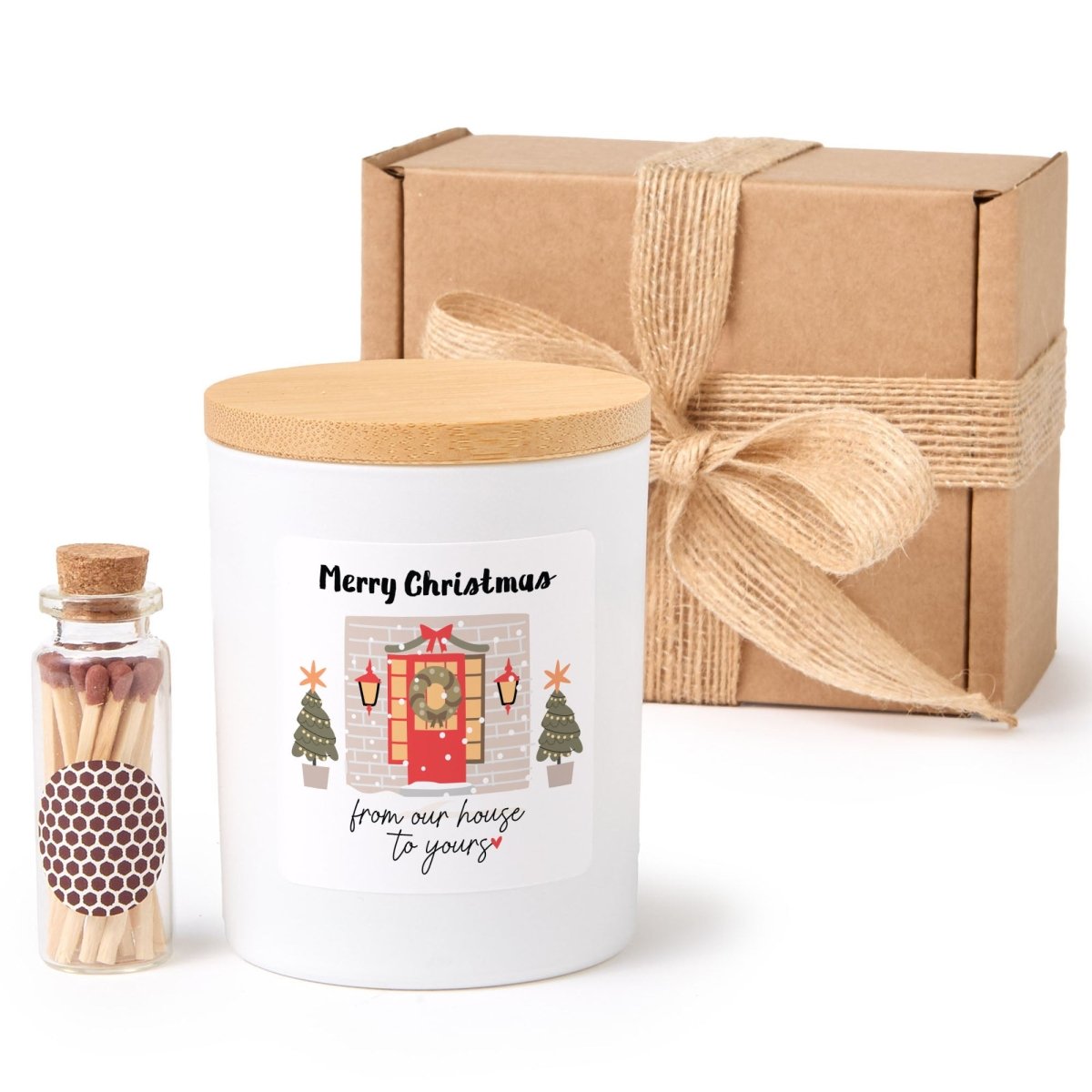 Merry Christmas From Our House to Yours Candle, Holiday Hostess Gift, Black Jar with Bamboo Lid and Matches