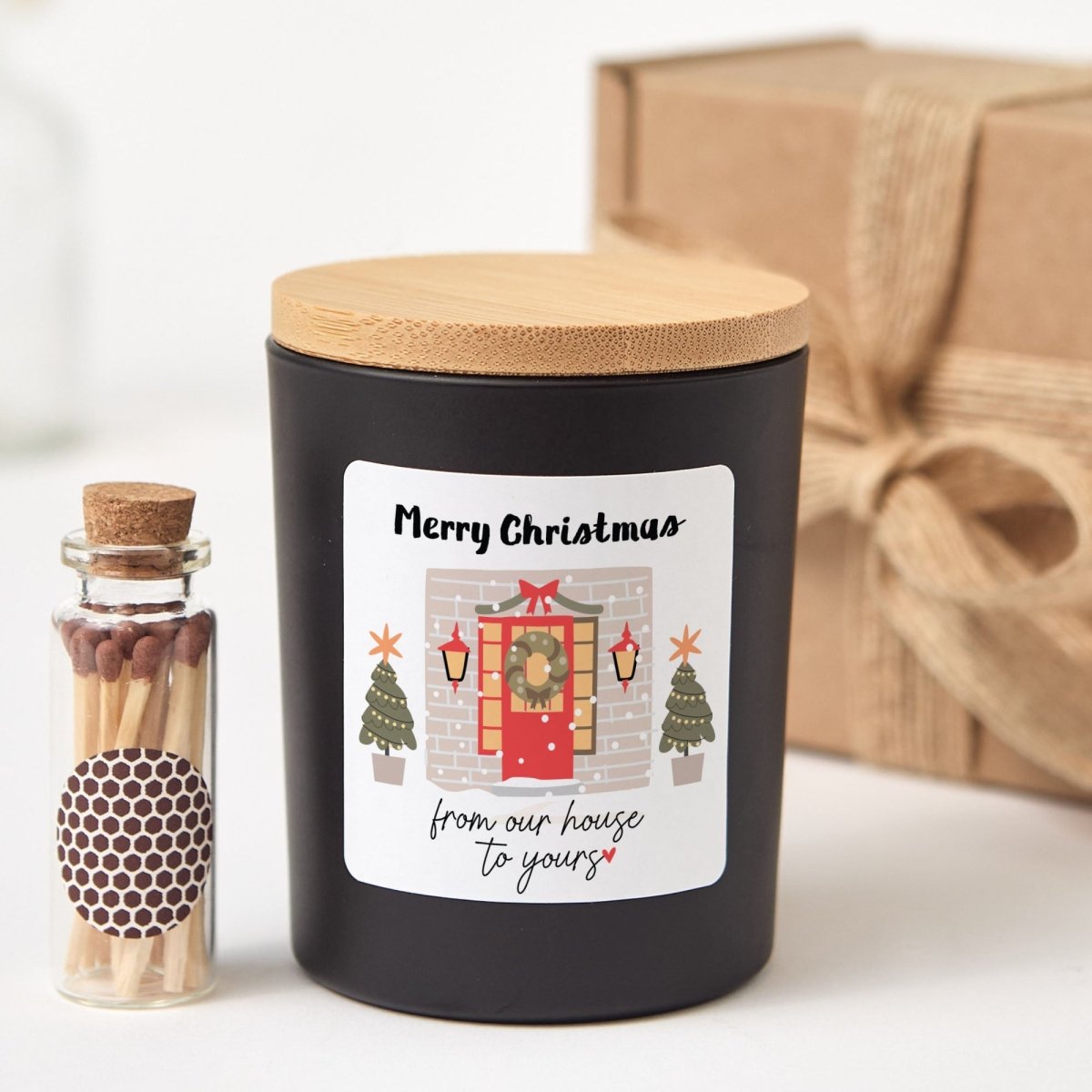 Merry Christmas From Our House to Yours Candle, Holiday Hostess Gift, Black Jar with Bamboo Lid and Matches