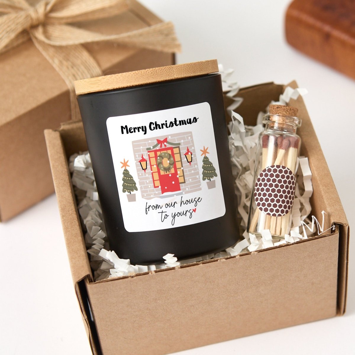 Merry Christmas From Our House to Yours Candle, Holiday Hostess Gift, Black Jar with Bamboo Lid and Matches