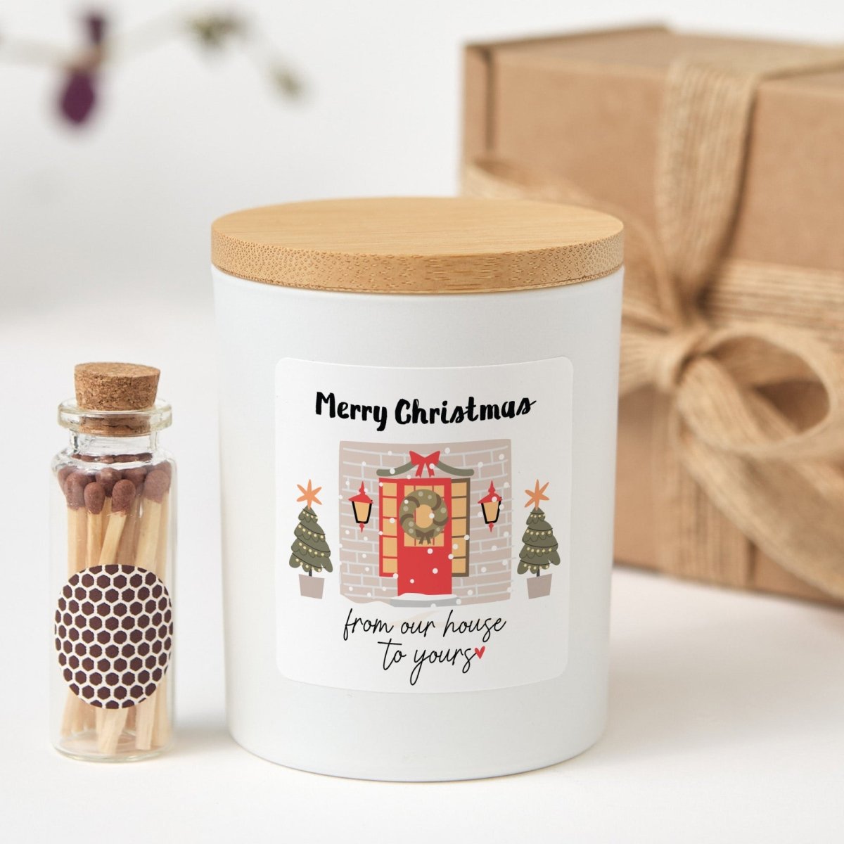 Merry Christmas From Our House to Yours Candle, Holiday Hostess Gift, Black Jar with Bamboo Lid and Matches