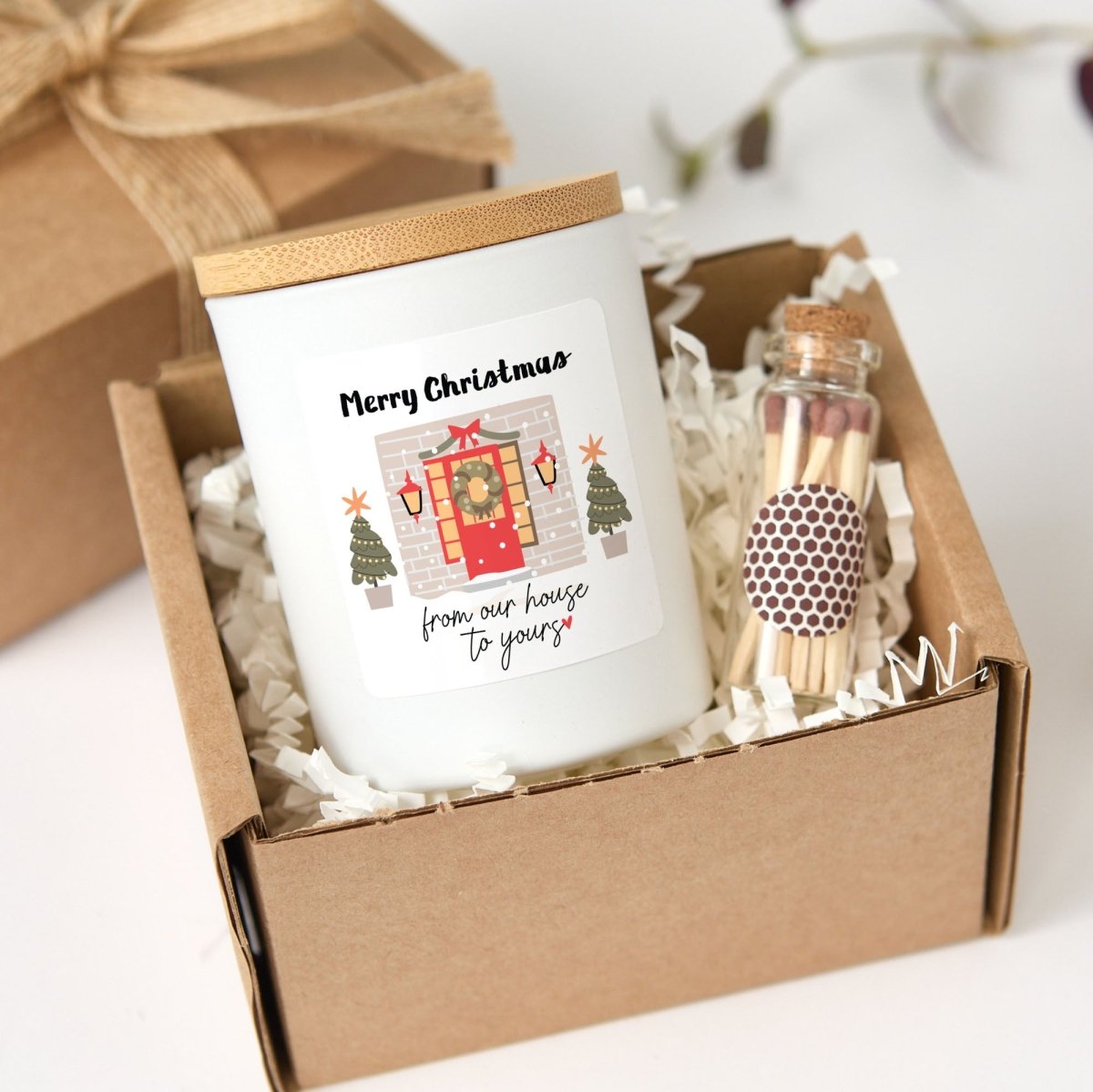 Merry Christmas From Our House to Yours Candle, Holiday Hostess Gift, Black Jar with Bamboo Lid and Matches