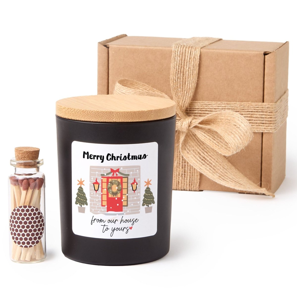 Merry Christmas From Our House to Yours Candle, Holiday Hostess Gift, Black Jar with Bamboo Lid and Matches