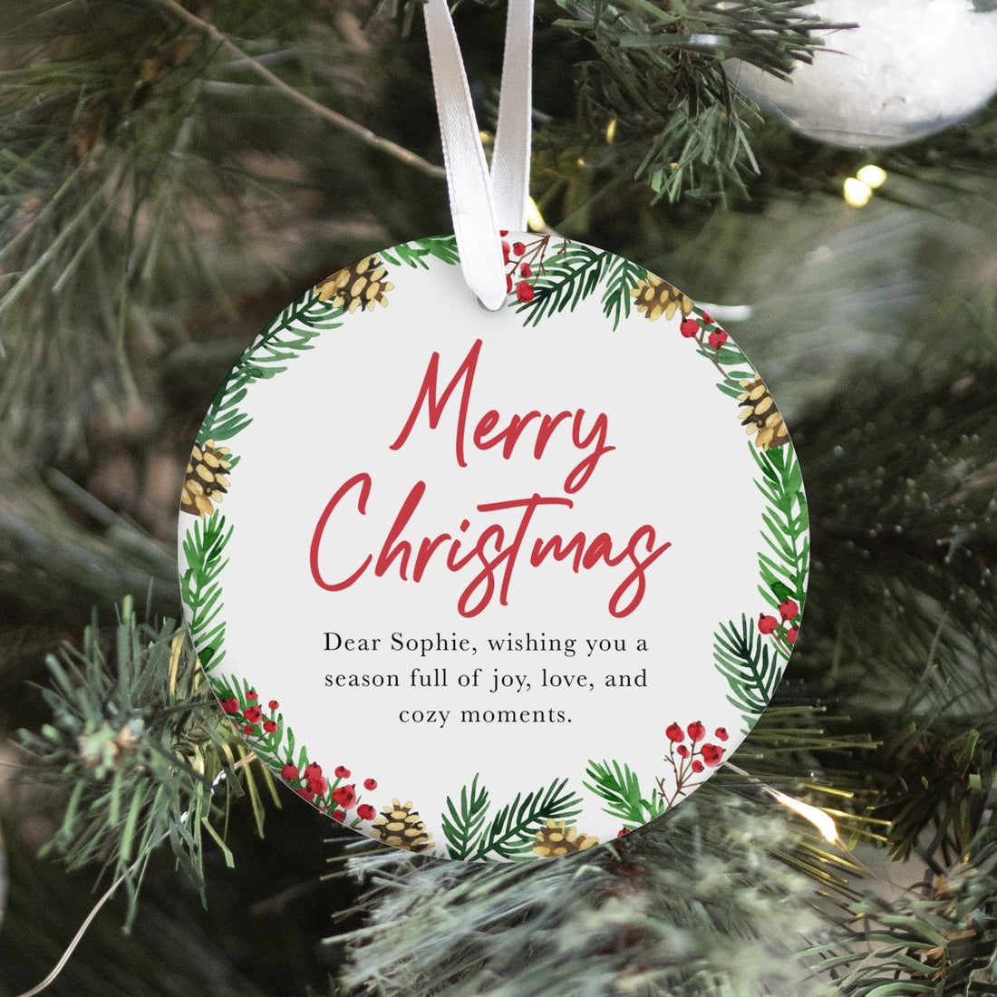 Merry Christmas Ornament for Her, Personalized Message Keepsake with Pinecone Berry and Greenery Wreath
