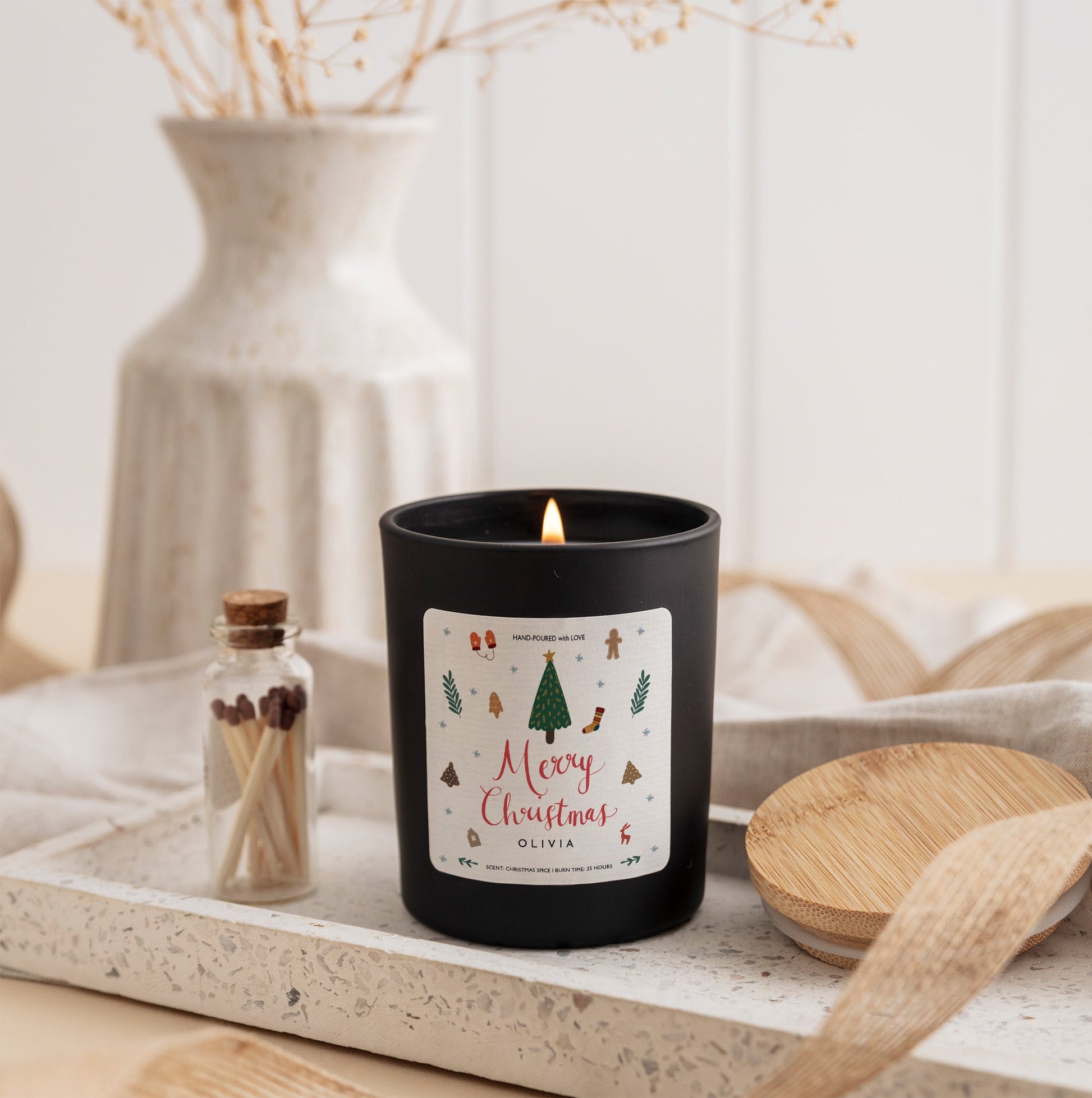 Merry Christmas Personalized Candle | Hand - Poured Scented Candle with Matches | Xmas Gift Box