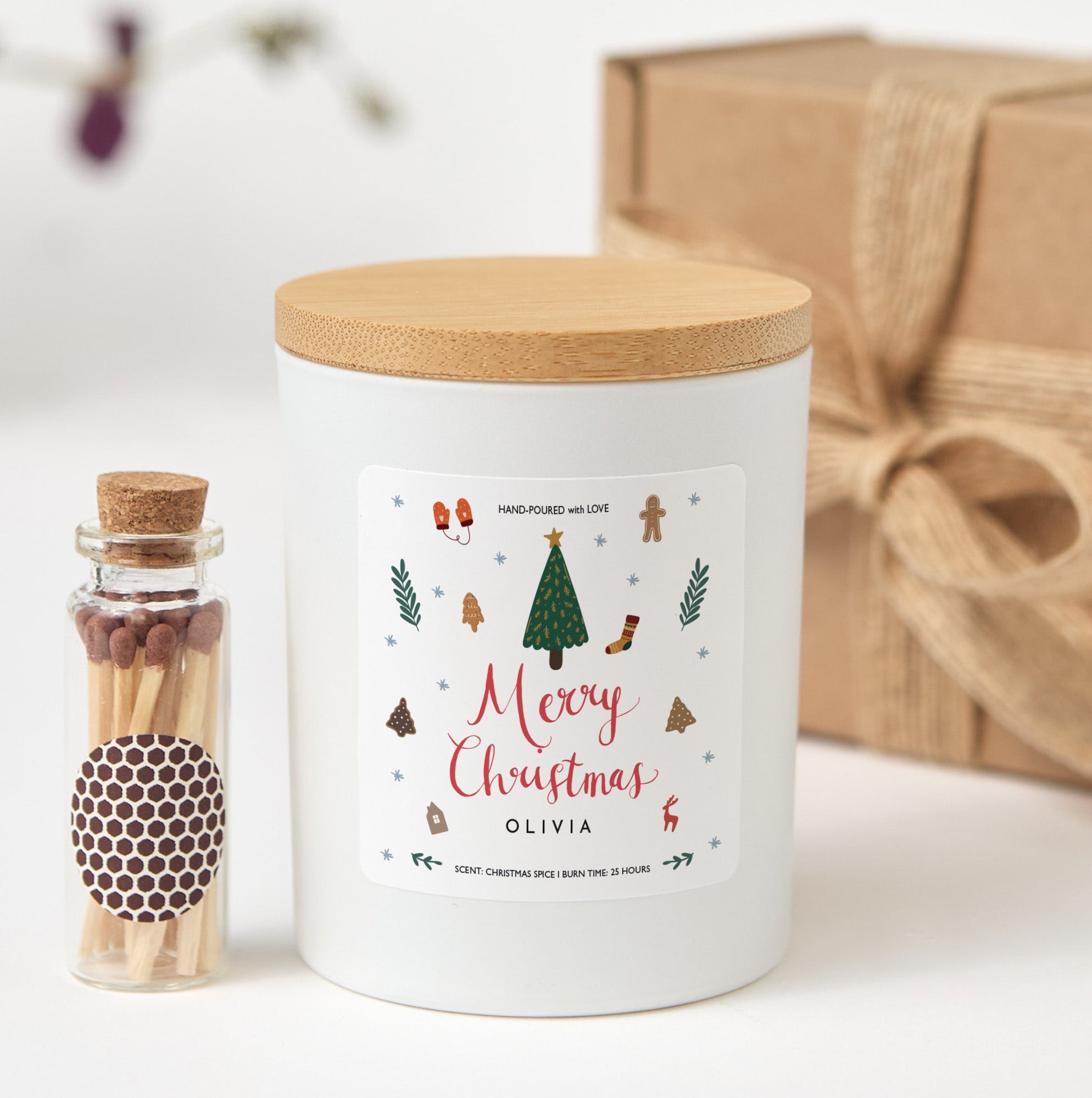 Merry Christmas Personalized Candle | Hand - Poured Scented Candle with Matches | Xmas Gift Box