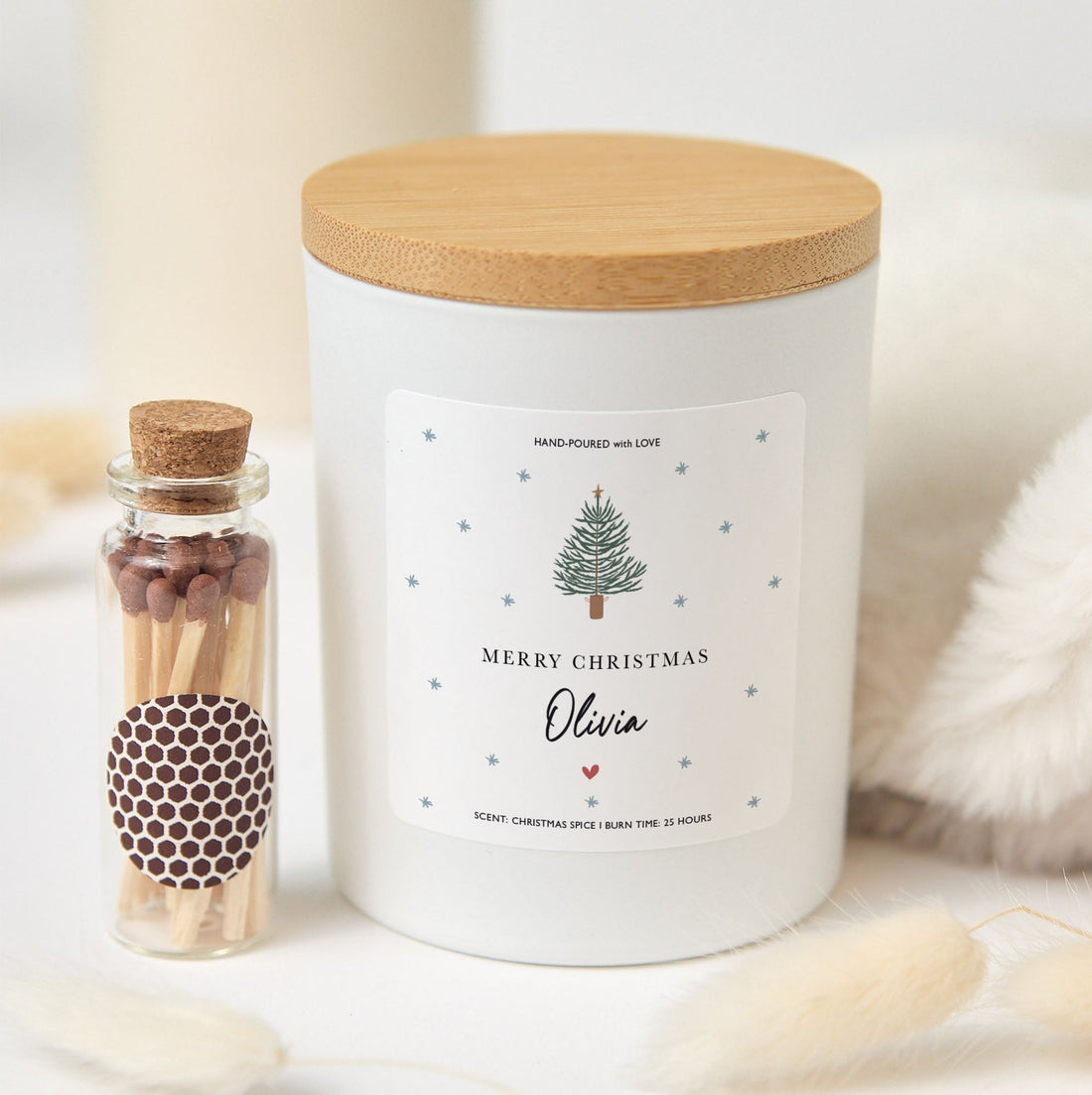 Merry Christmas Personalized Soy Candle for Her or Him | Holiday Candle Gift with Gift Box and Mini Matches