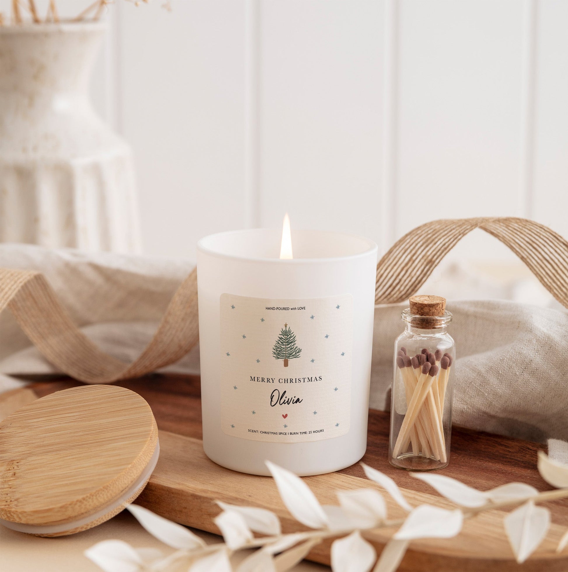 Merry Christmas Personalized Soy Candle for Her or Him | Holiday Candle Gift with Gift Box and Mini Matches