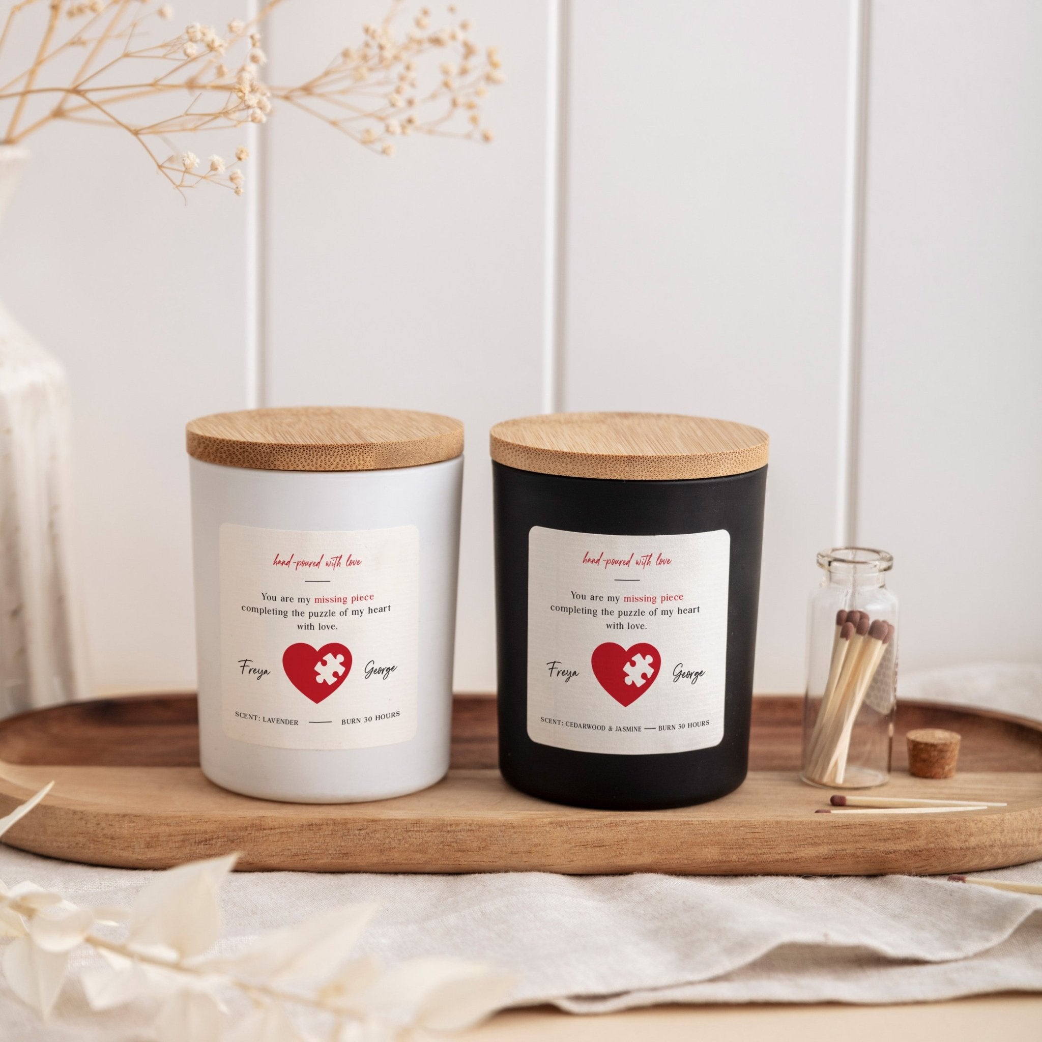 Missing Piece Heart Valentine Candle Gift Set with Matches, Custom Names, Gift for Couples