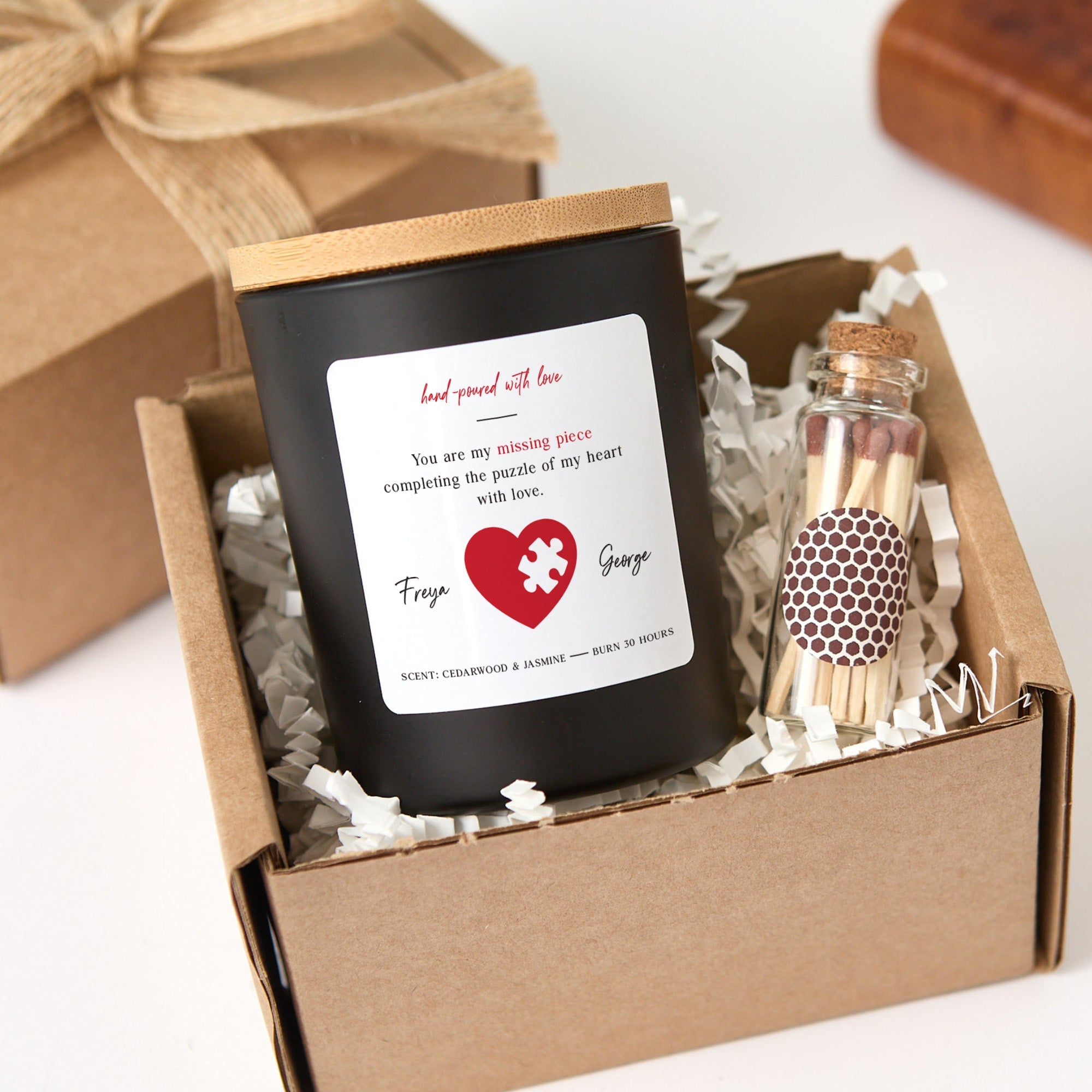 Missing Piece Heart Valentine Candle Gift Set with Matches, Custom Names, Gift for Couples
