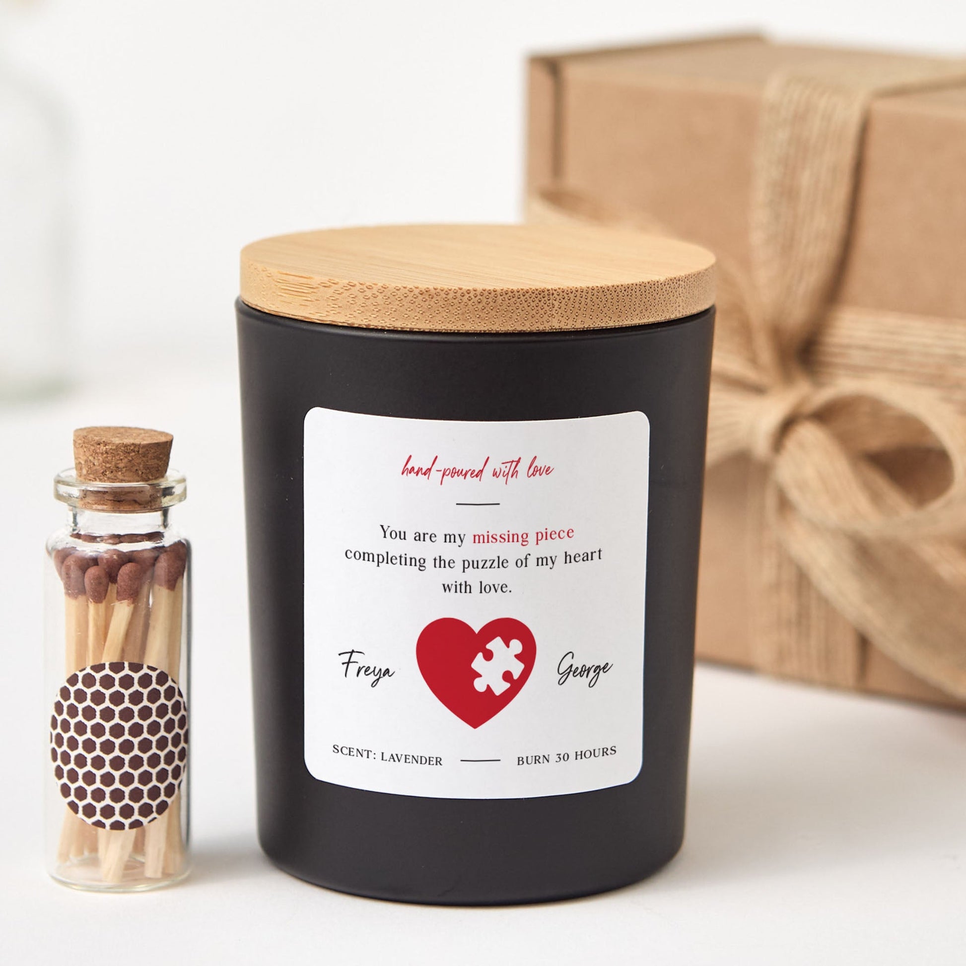 Missing Piece Heart Valentine Candle Gift Set with Matches, Custom Names, Gift for Couples