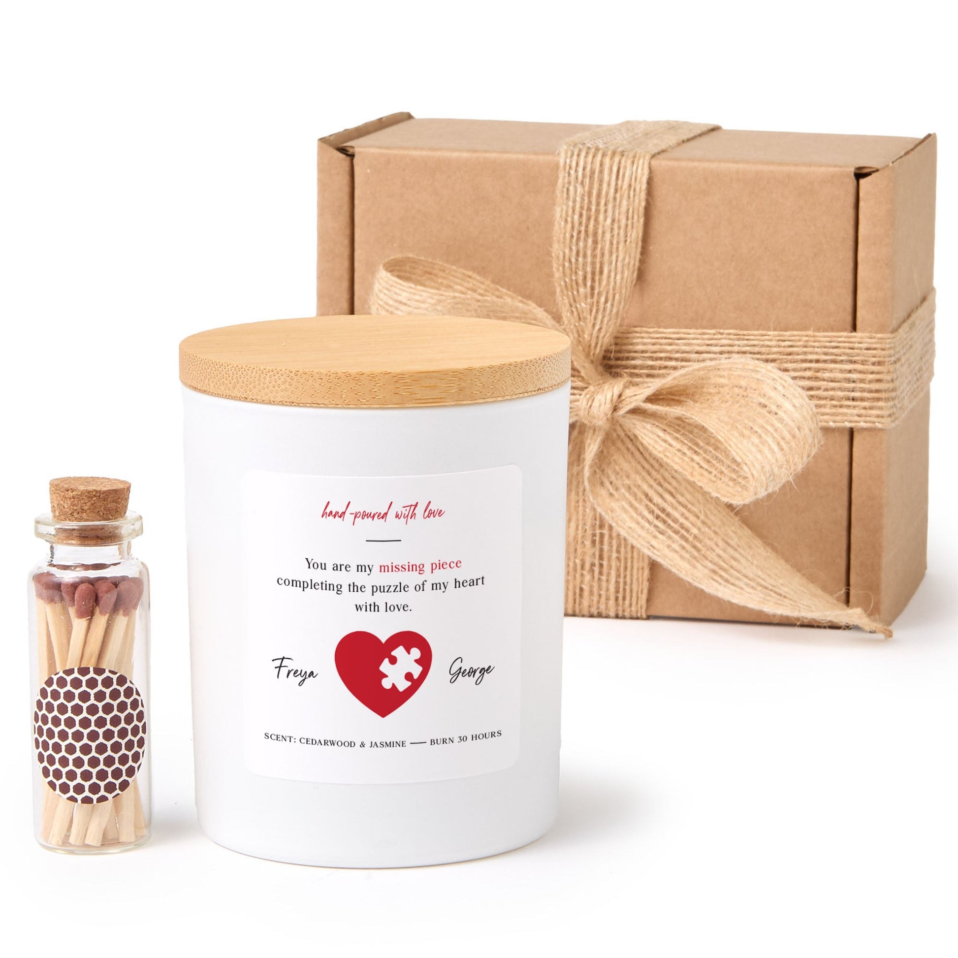 Missing Piece Heart Valentine Candle Gift Set with Matches, Custom Names, Gift for Couples