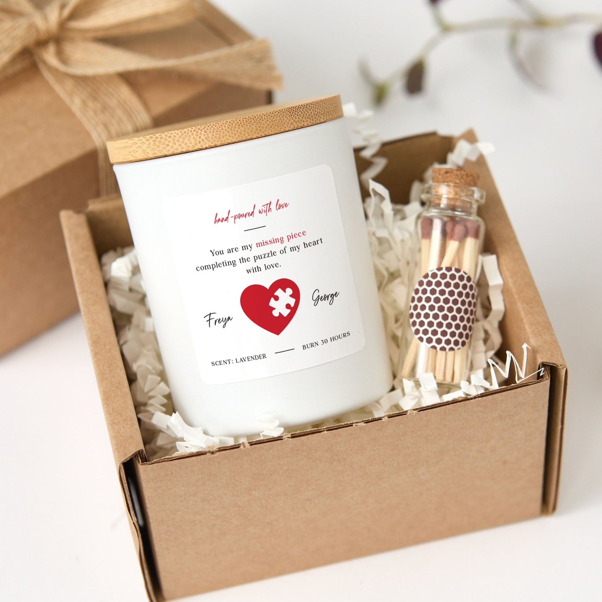 Missing Piece Heart Valentine Candle Gift Set with Matches, Custom Names, Gift for Couples