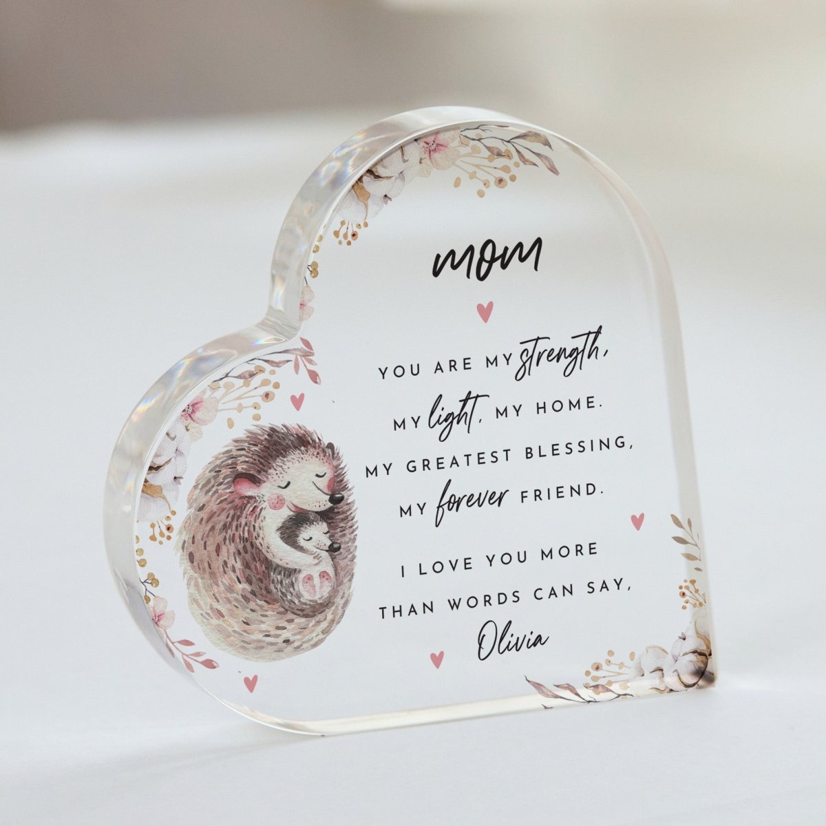 Mom Plaque Gift for Mother, Personalized Acrylic Keepsake, Floral Hedgehog Design from Daughter
