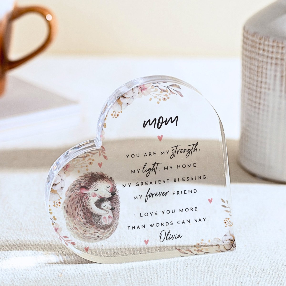 Mom Plaque Gift for Mother, Personalized Acrylic Keepsake, Floral Hedgehog Design from Daughter