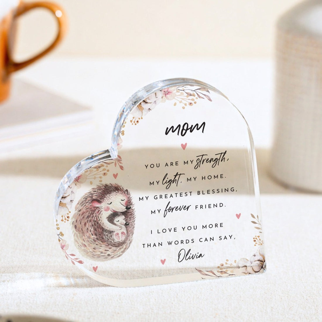 Mom Plaque Gift for Mother, Personalized Acrylic Keepsake, Floral Hedgehog Design from Daughter