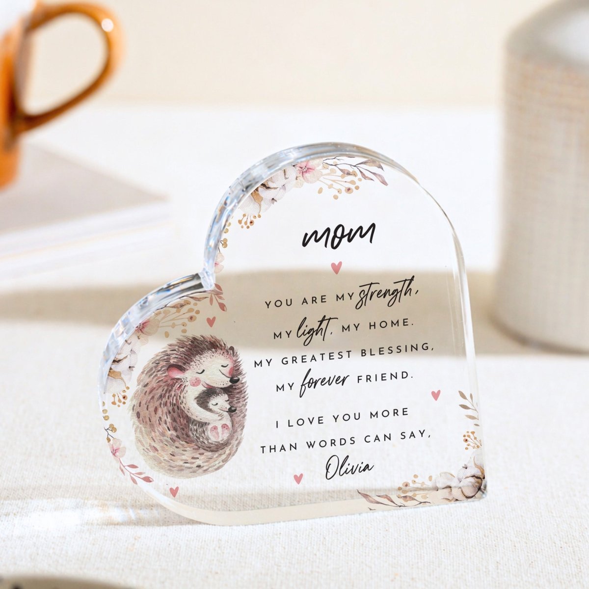 Mom Plaque Gift for Mother, Personalized Acrylic Keepsake, Floral Hedgehog Design from Daughter