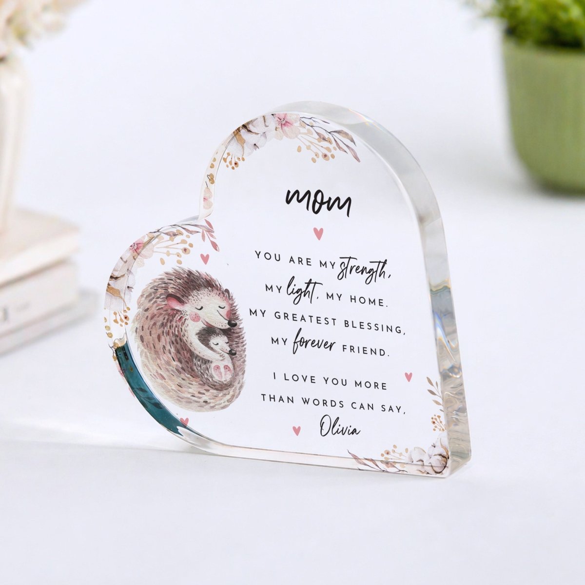 Mom Plaque Gift for Mother, Personalized Acrylic Keepsake, Floral Hedgehog Design from Daughter