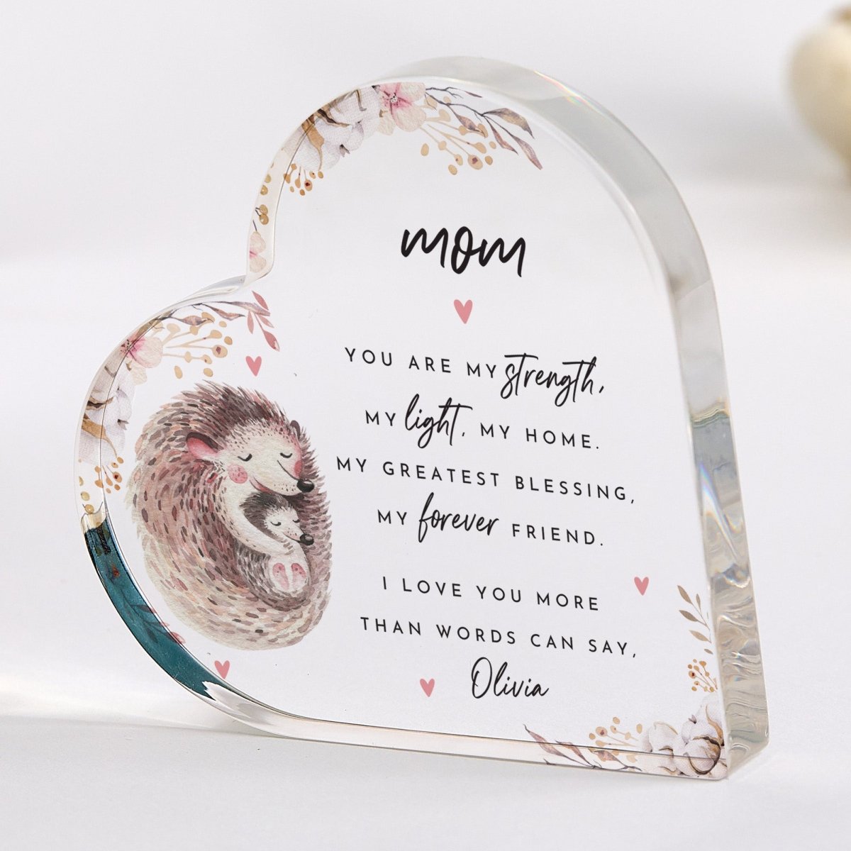 Mom Plaque Gift for Mother, Personalized Acrylic Keepsake, Floral Hedgehog Design from Daughter