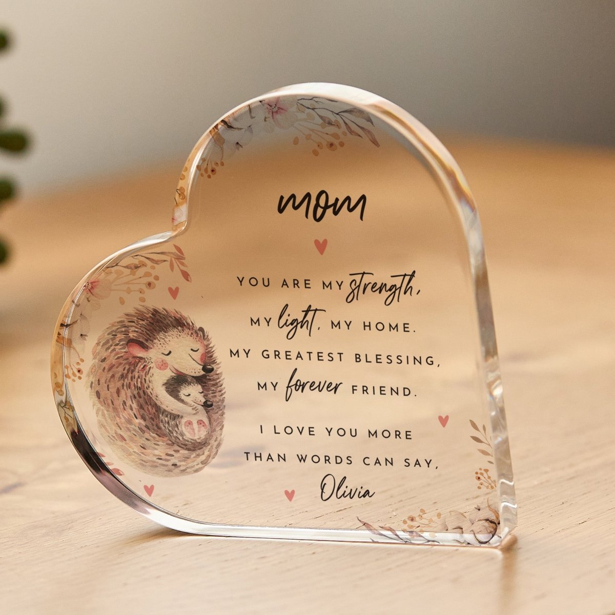 Mom Plaque Gift for Mother, Personalized Acrylic Keepsake, Floral Hedgehog Design from Daughter