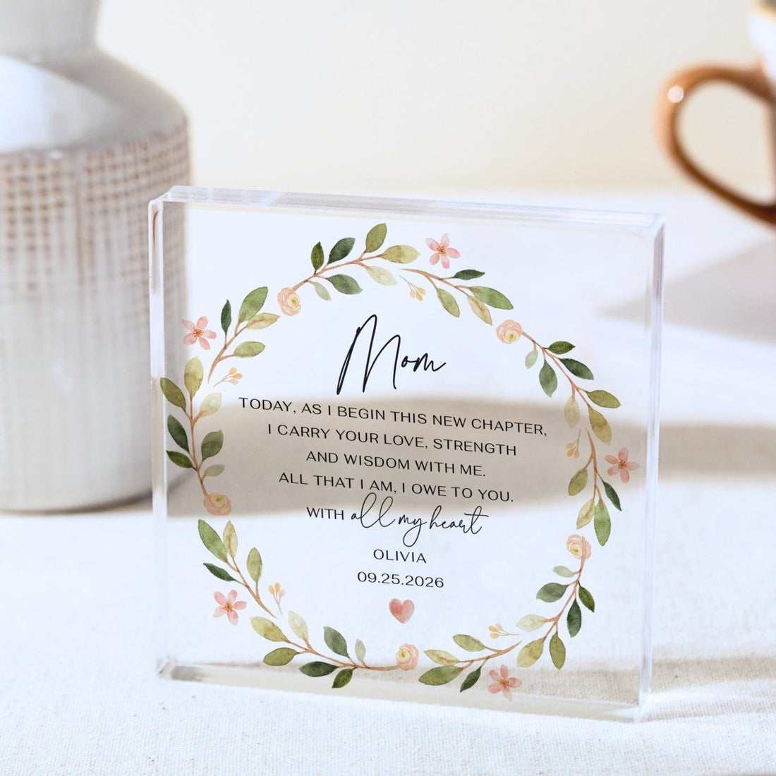 Mom Plaque Gift for Mother, Personalized Acrylic Keepsake, Floral New Chapter Present from Daughter