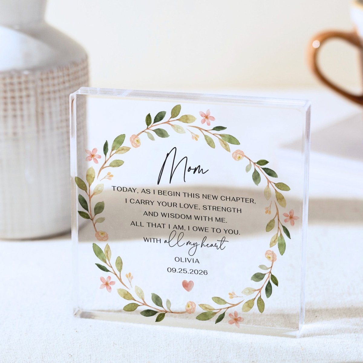 Mom Plaque Gift for Mother, Personalized Acrylic Keepsake, Floral New Chapter Present from Daughter