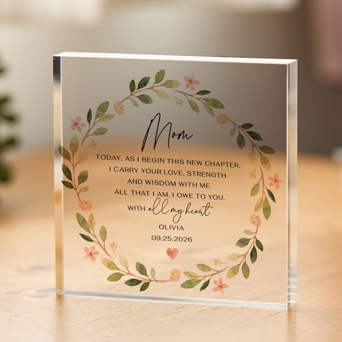 Mom Plaque Gift for Mother, Personalized Acrylic Keepsake, Floral New Chapter Present from Daughter