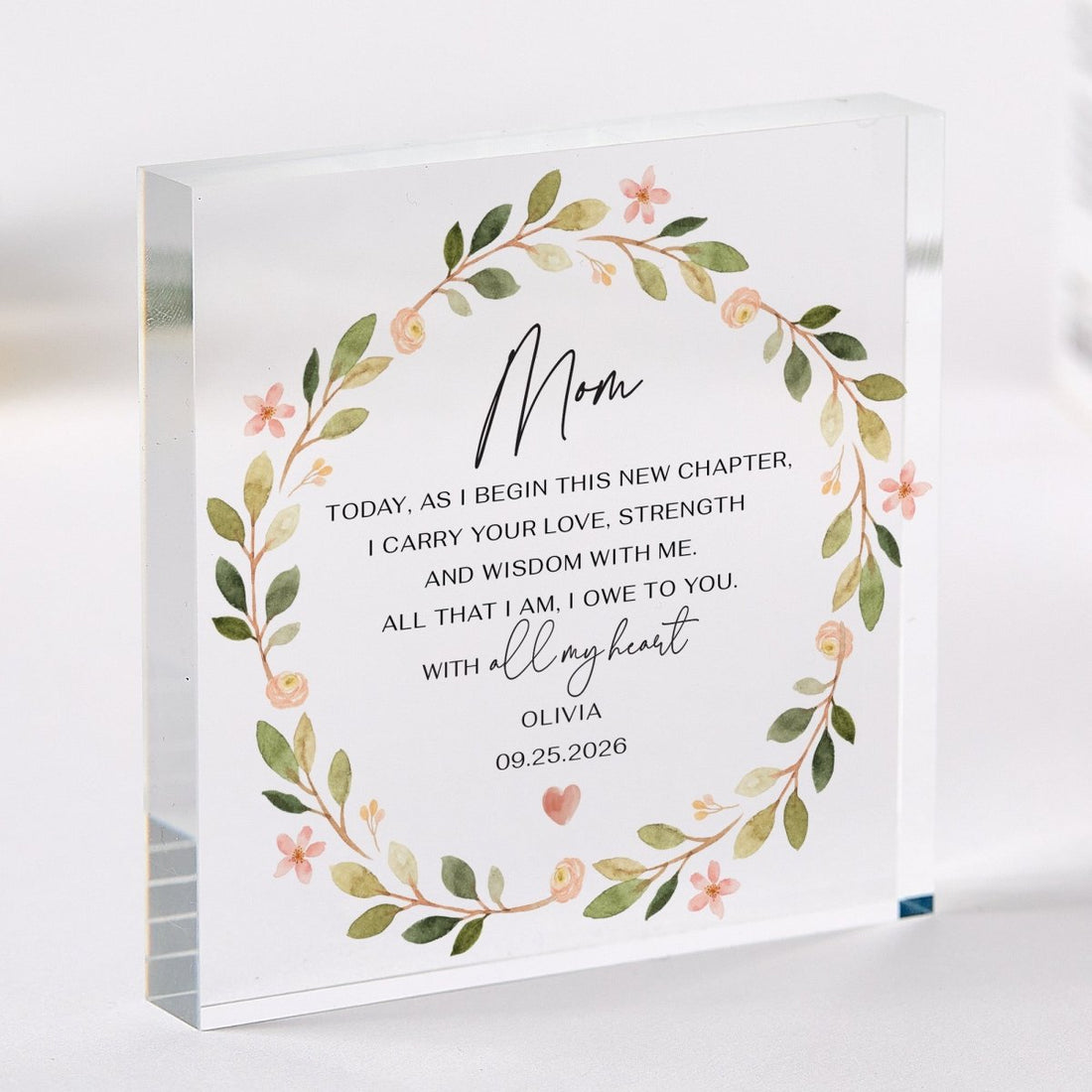 Mom Plaque Gift for Mother, Personalized Acrylic Keepsake, Floral New Chapter Present from Daughter