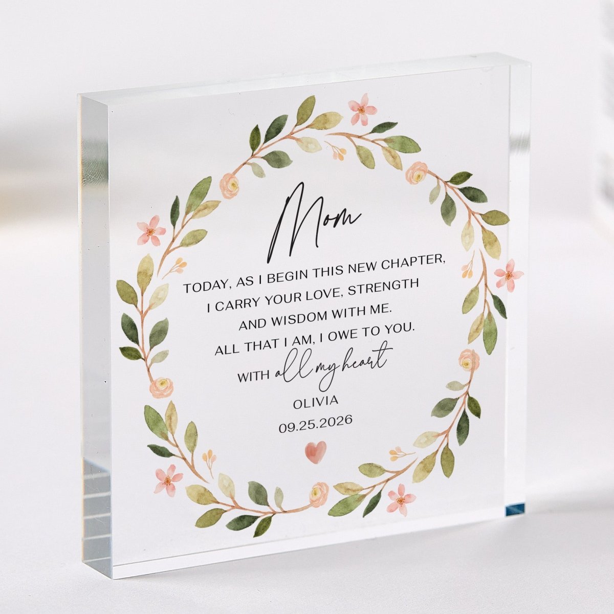 Mom Plaque Gift for Mother, Personalized Acrylic Keepsake, Floral New Chapter Present from Daughter