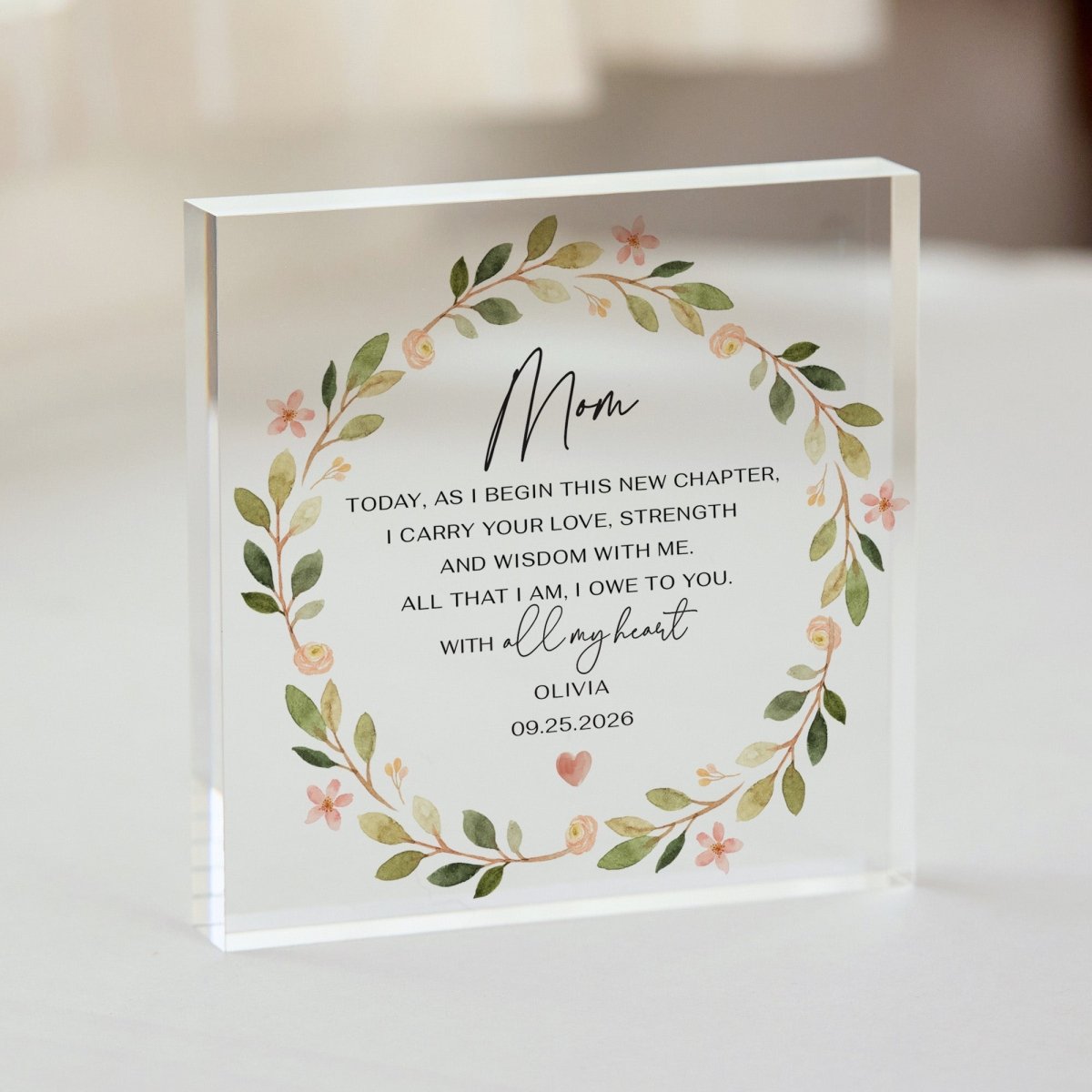 Mom Plaque Gift for Mother, Personalized Acrylic Keepsake, Floral New Chapter Present from Daughter