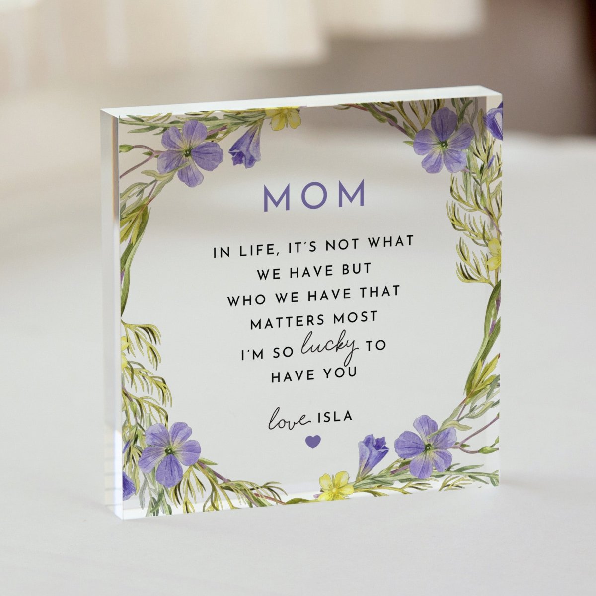 Mom Plaque Gift for Mother, Personalized Acrylic Keepsake, Purple Floral Present from Daughter Son