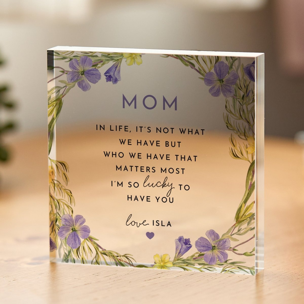 Mom Plaque Gift for Mother, Personalized Acrylic Keepsake, Purple Floral Present from Daughter Son