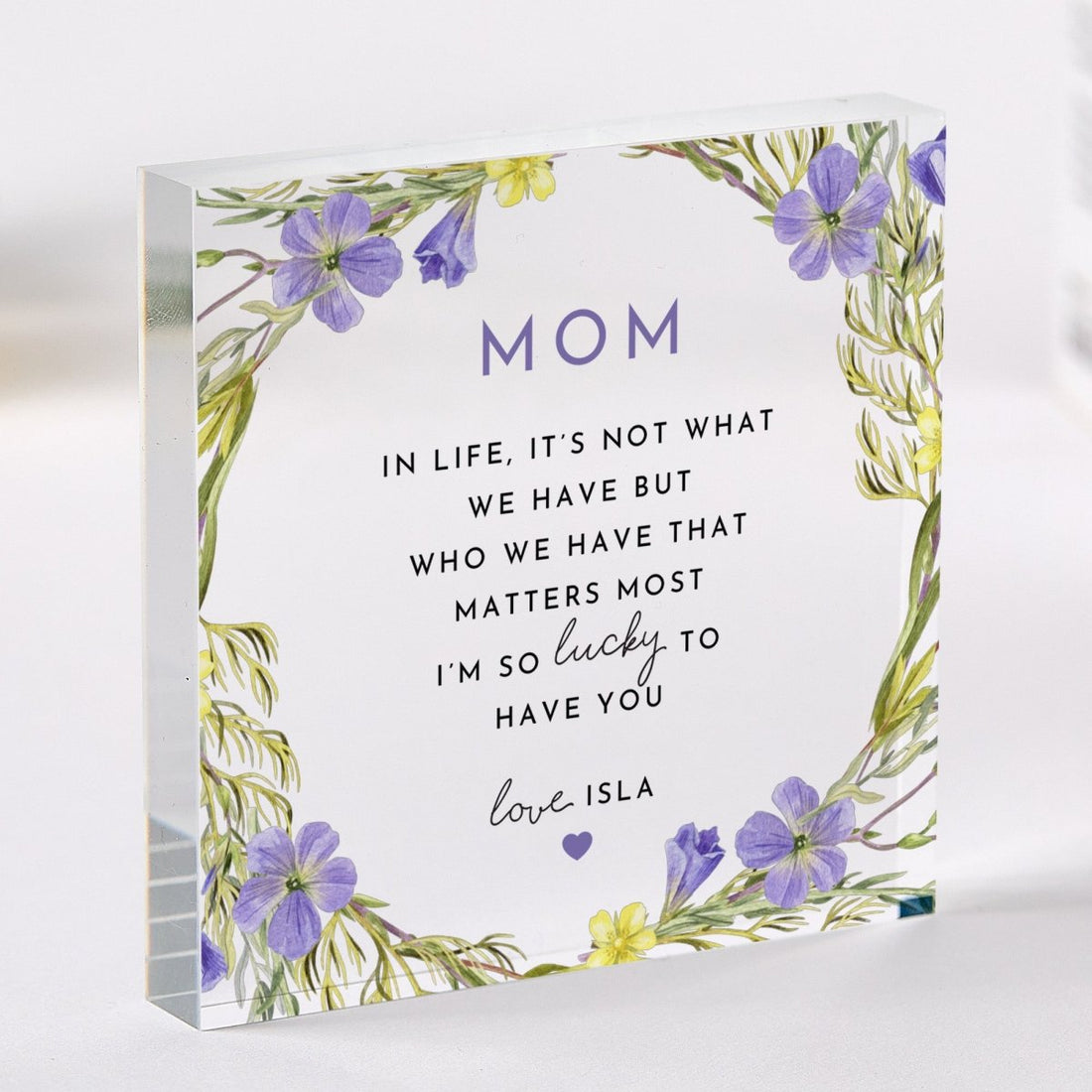 Mom Plaque Gift for Mother, Personalized Acrylic Keepsake, Purple Floral Present from Daughter Son