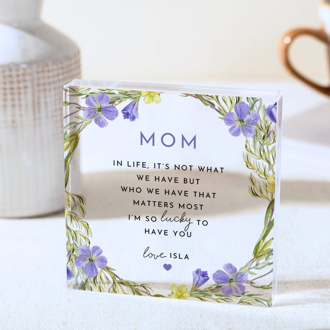 Mom Plaque Gift for Mother, Personalized Acrylic Keepsake, Purple Floral Present from Daughter Son