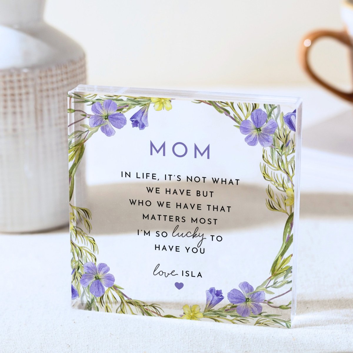 Mom Plaque Gift for Mother, Personalized Acrylic Keepsake, Purple Floral Present from Daughter Son