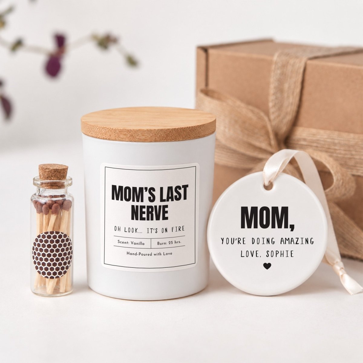 Mom’s Last Nerve Candle, Oh Look It’s on Fire; Personalized Encouragement Gift with Keepsake Ornament and Gift Box