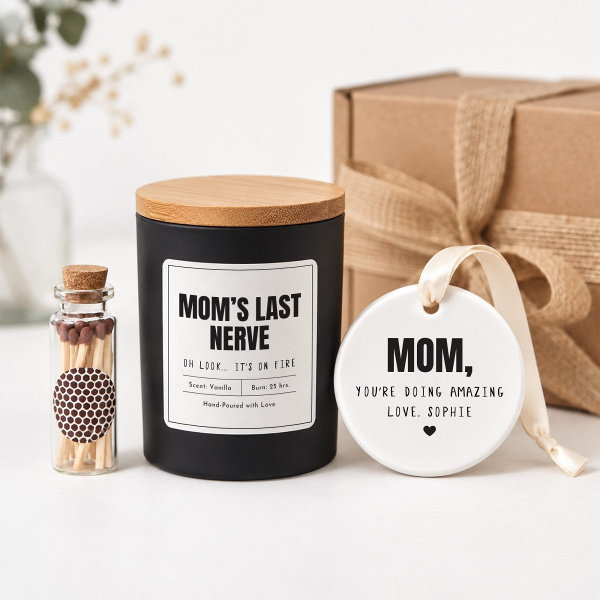 Mom’s Last Nerve Candle, Oh Look It’s on Fire; Personalized Encouragement Gift with Keepsake Ornament and Gift Box