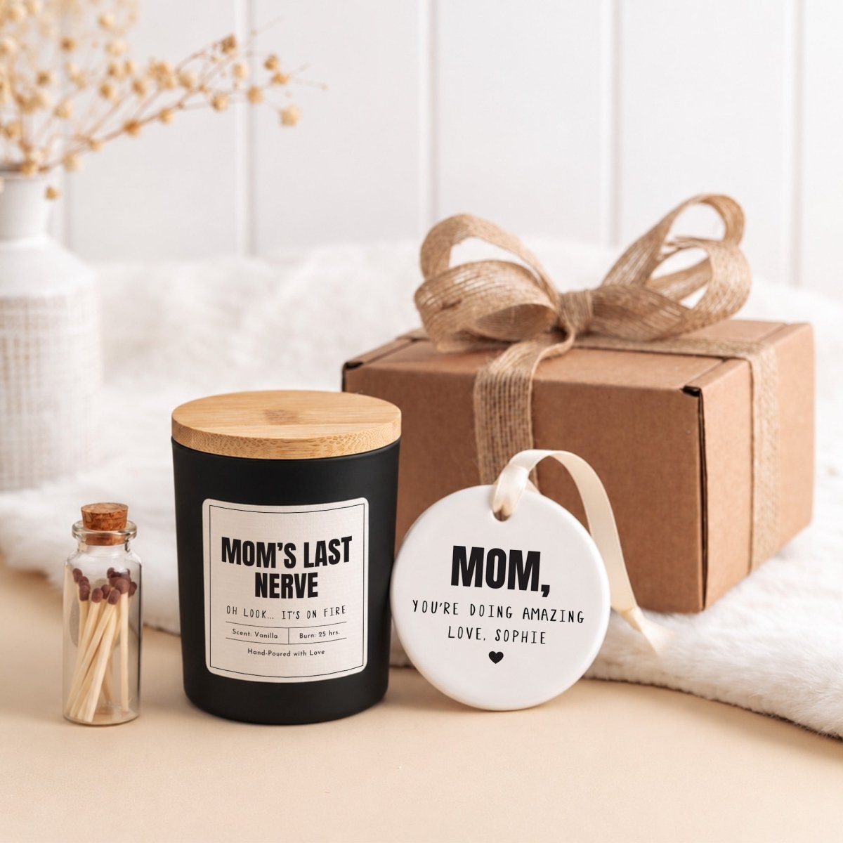 Mom’s Last Nerve Candle, Oh Look It’s on Fire; Personalized Encouragement Gift with Keepsake Ornament and Gift Box