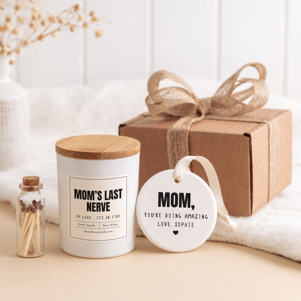 Mom’s Last Nerve Candle, Oh Look It’s on Fire; Personalized Encouragement Gift with Keepsake Ornament and Gift Box