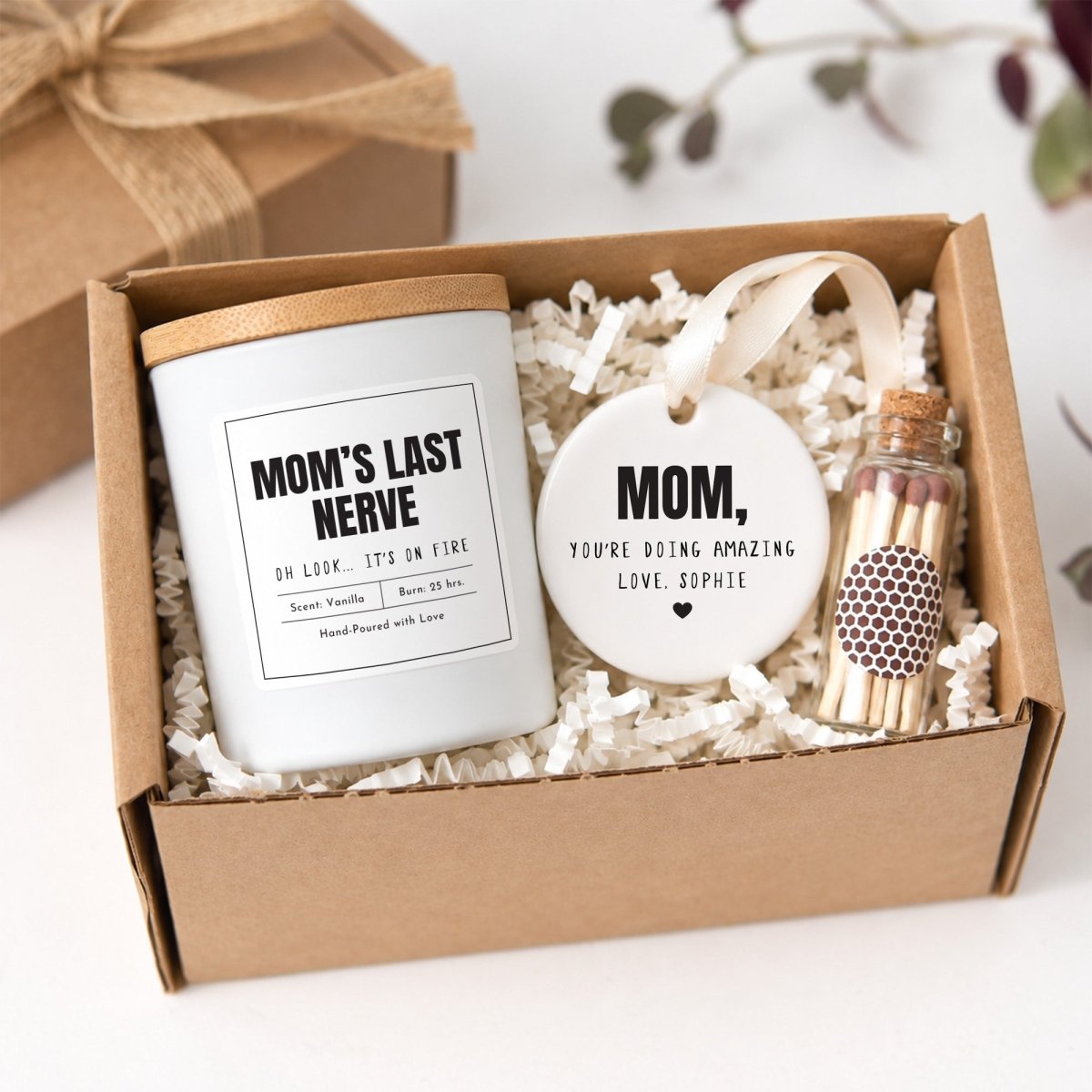 Mom’s Last Nerve Candle, Oh Look It’s on Fire; Personalized Encouragement Gift with Keepsake Ornament and Gift Box