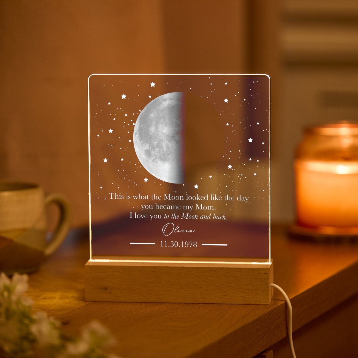 Moon LED Light Gift for Mom, Personalized Night Lamp, Custom Lunar Keepsake from Daughter Son