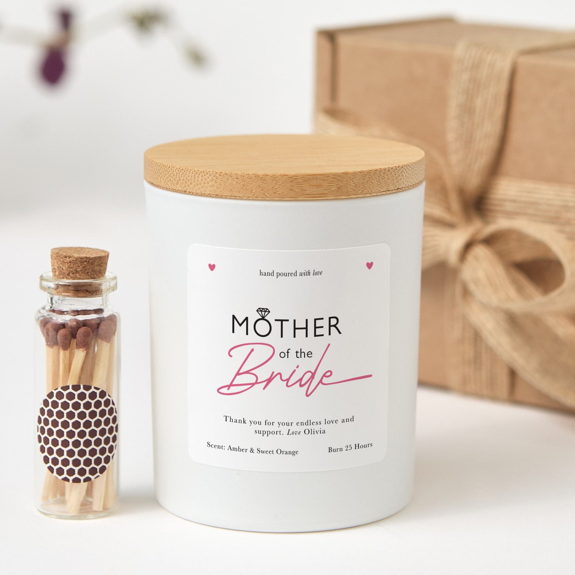 Mother of the Bride Candle Gift Box | Personalized Wedding Candle for Mom | Soy Wax Candle with Ribbon Matches | Wedding Day Gift