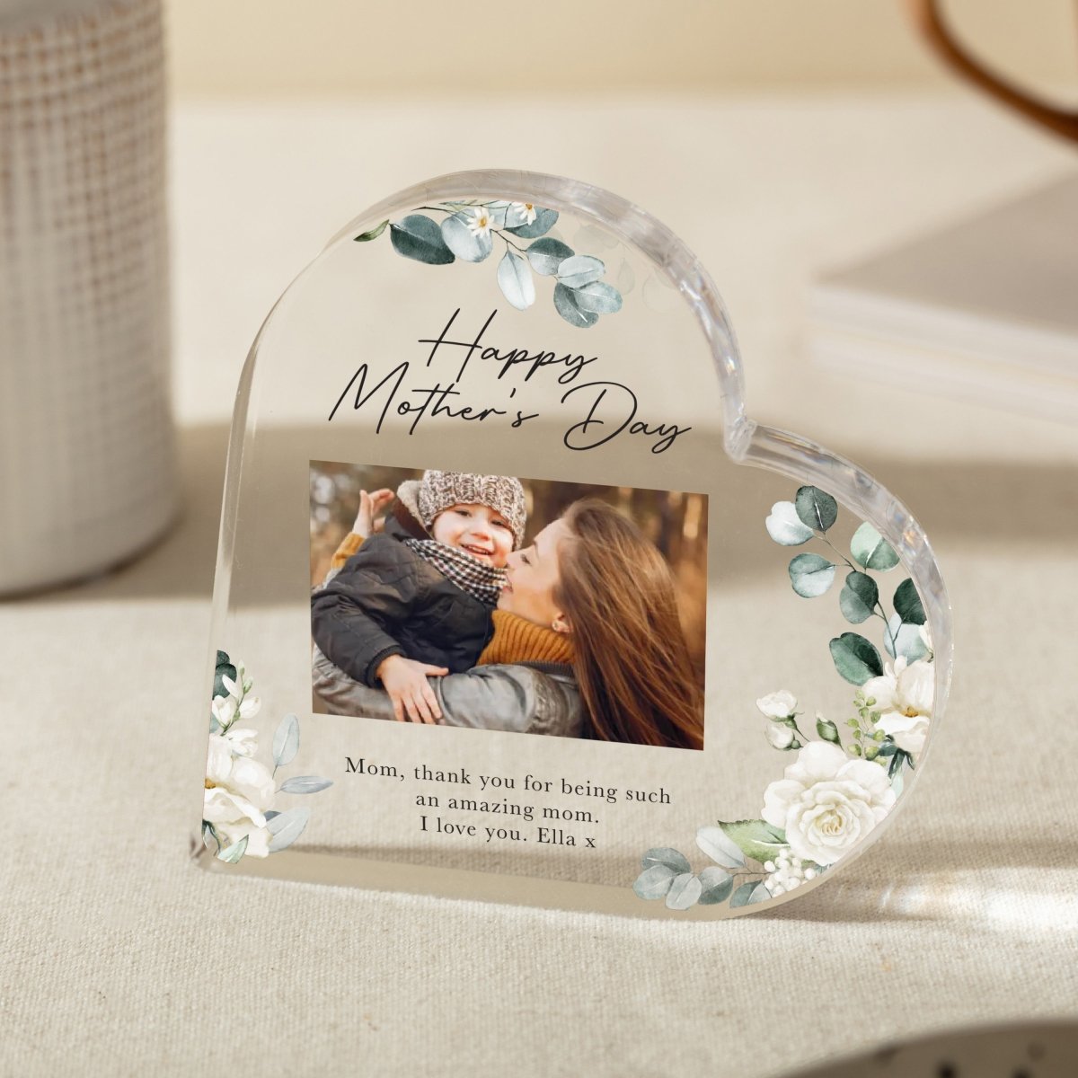 Mother’s Day Keepsake Gift with Photo, Personalized Message for Mom, Heart Design, Acrylic Plaque