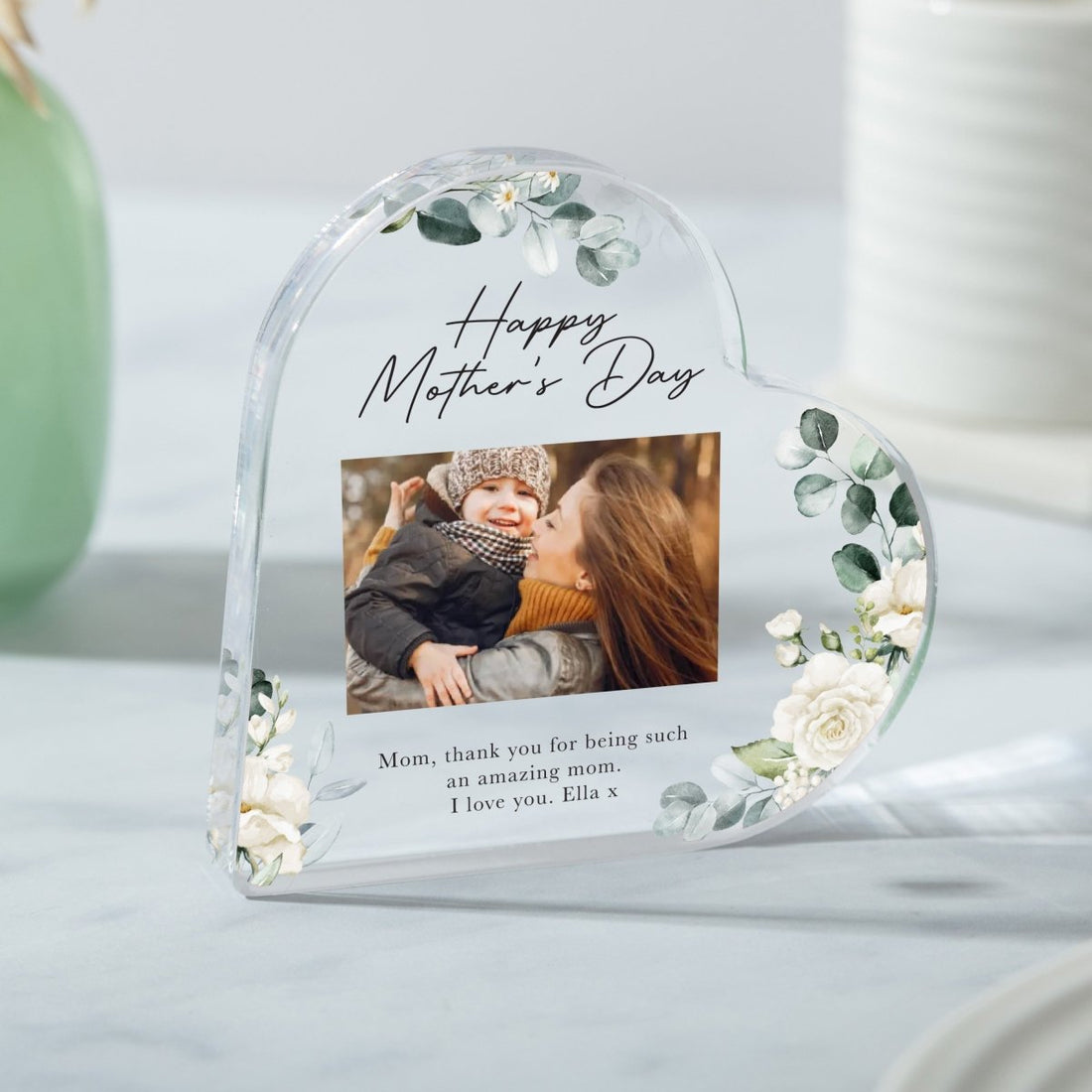 Mother’s Day Keepsake Gift with Photo, Personalized Message for Mom, Heart Design, Acrylic Plaque