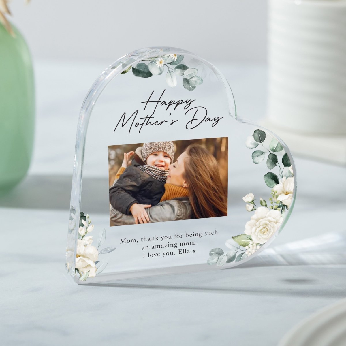 Mother’s Day Keepsake Gift with Photo, Personalized Message for Mom, Heart Design, Acrylic Plaque