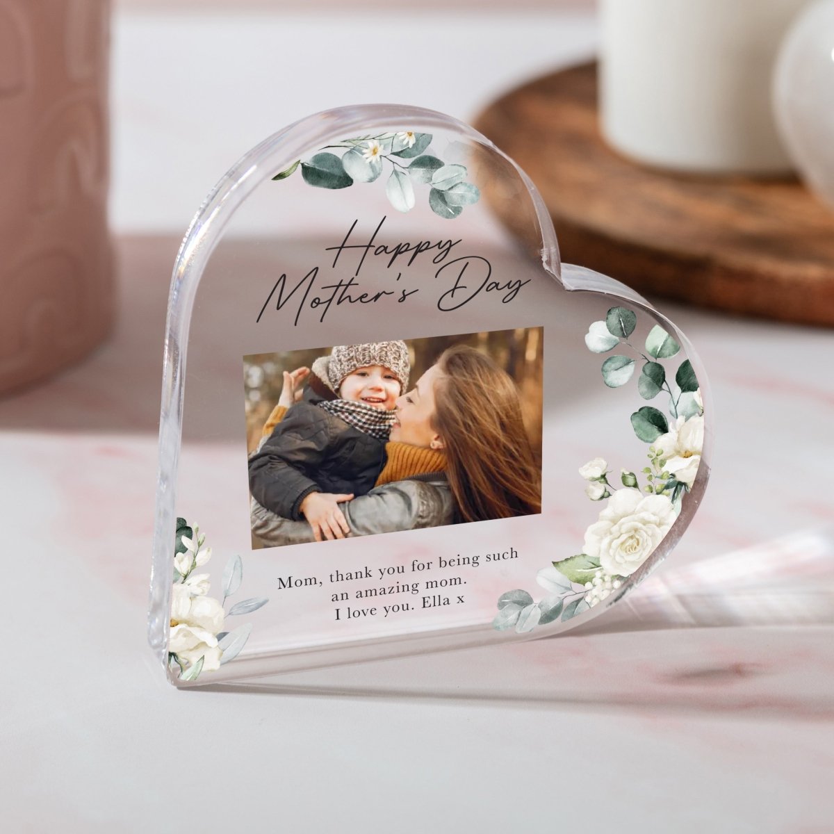 Mother’s Day Keepsake Gift with Photo, Personalized Message for Mom, Heart Design, Acrylic Plaque