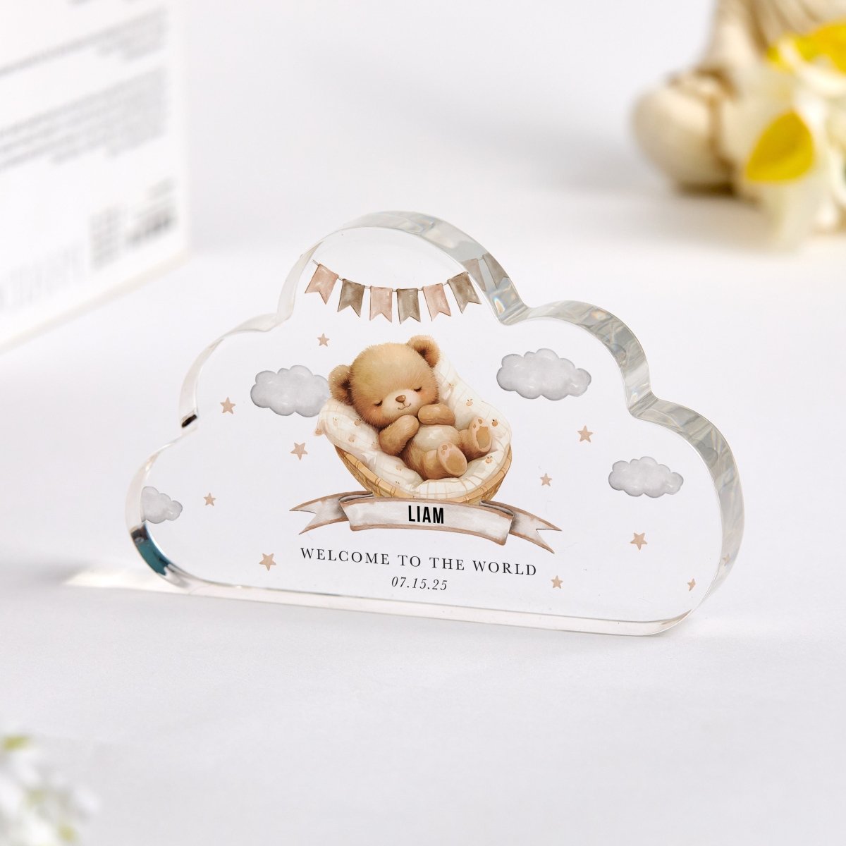 New Baby Keepsake Gift, Personalized Cloud Design with Name and Birth Date, Acrylic Plaque
